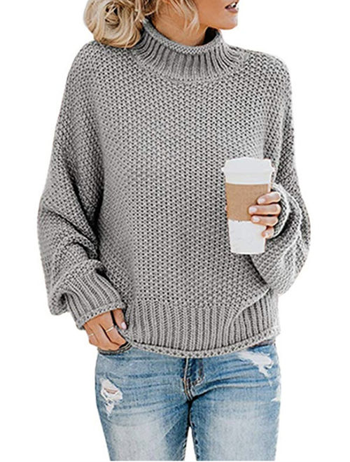 Women's Long Sleeve Sweaters Turtleneck Loose Soft Knitted Casual Pullover