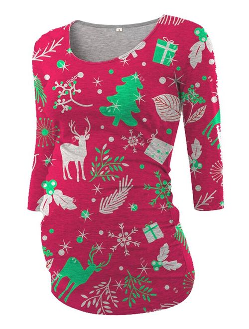Jchiup Maternity Colorful Christmas Printed Tops Long Sleeve Side Ruching Womens Shirt