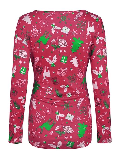 Jchiup Maternity Colorful Christmas Printed Tops Long Sleeve Side Ruching Womens Shirt