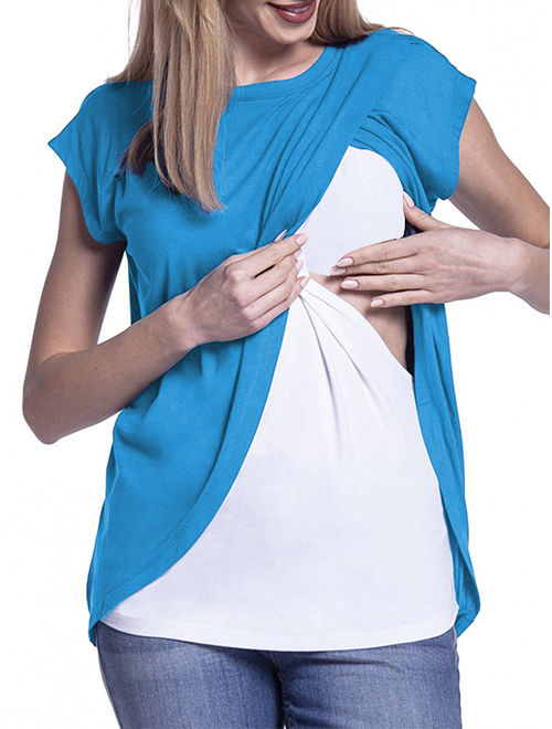 Jchiup Womens Maternity Wrap Nursing Top Short Sleeve Round Neck Cross Double Layer Blouse T Shirt