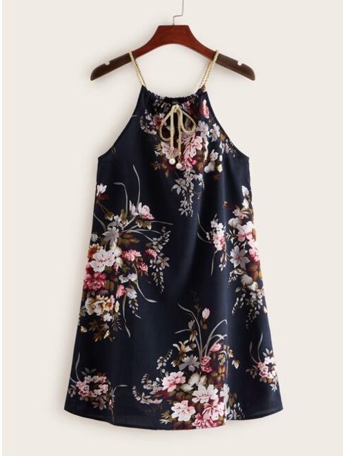 Shein Pearls Tie Neck Floral Print Dress