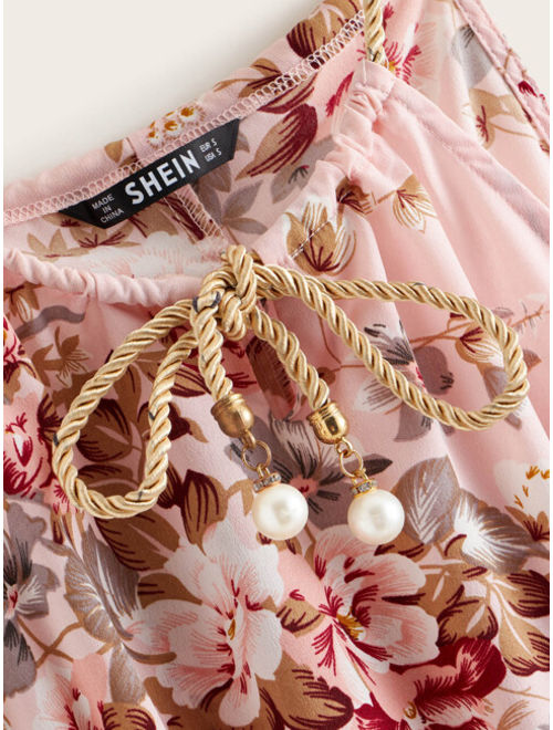 Shein Pearls Detail Tie Neck Botanical Print Cami Dress