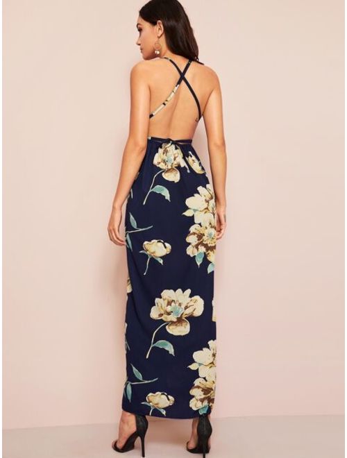 Shein Floral Print High Split Cross Back Cami Dress