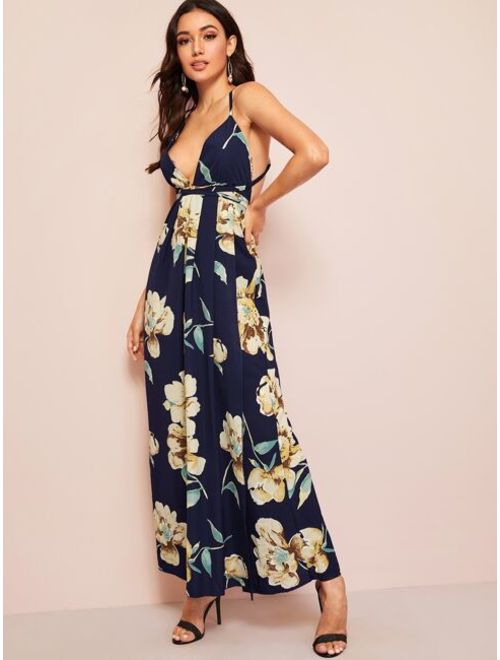 Shein Floral Print High Split Cross Back Cami Dress