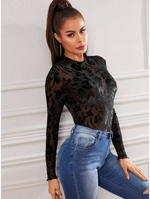 Shein Floral Print Sheer Mesh Top Without Bra