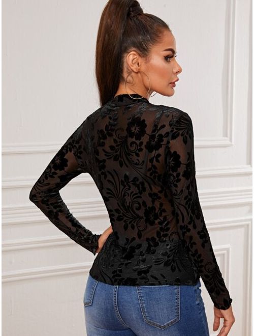 Shein Floral Print Sheer Mesh Top Without Bra