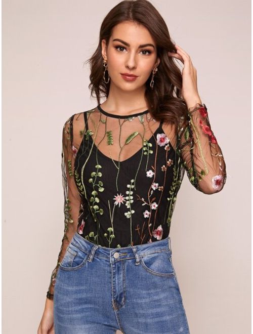 Shein Plants Embroidery Sheer Mesh Top