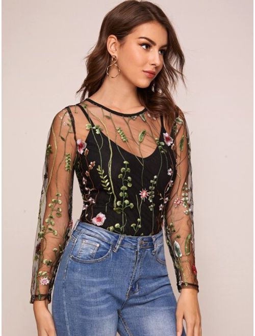Shein Plants Embroidery Sheer Mesh Top