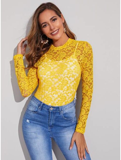 Shein Neon Yellow Sheer Lace Top Without Camisole