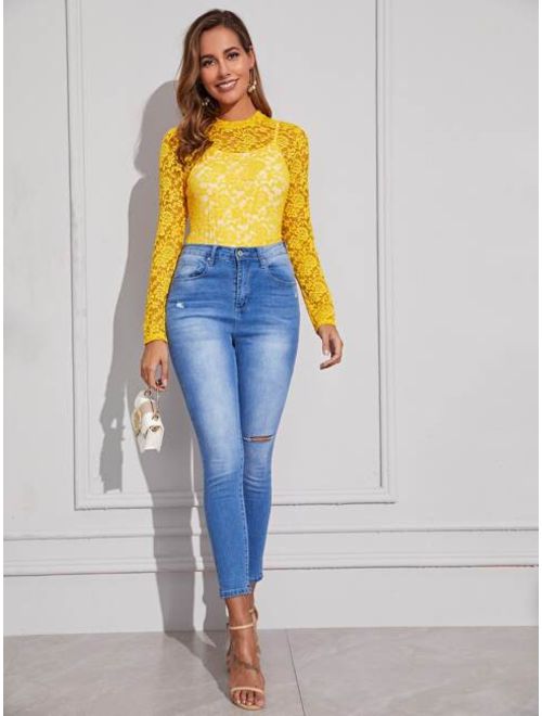 Shein Neon Yellow Sheer Lace Top Without Camisole