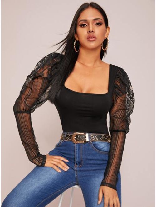 Shein Square Neck Lace Leg-of-mutton Sleeve Top
