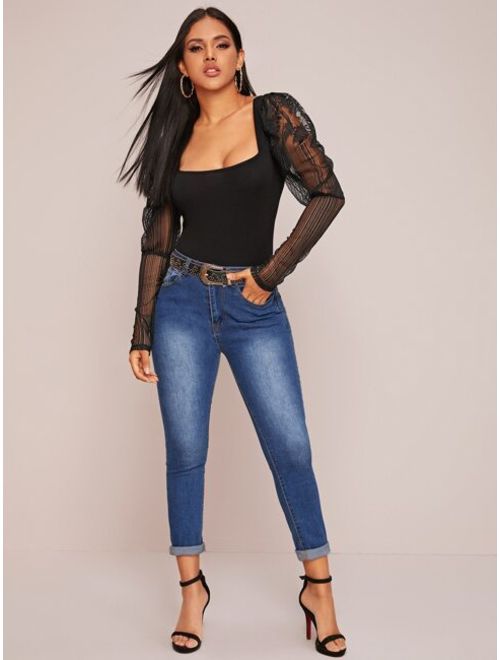Shein Square Neck Lace Leg-of-mutton Sleeve Top