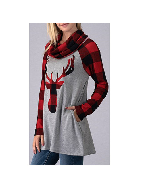Women Christmas Long-sleeved Elk Printning Sweater Fashion Plaid Sleeve Casual Shirt
