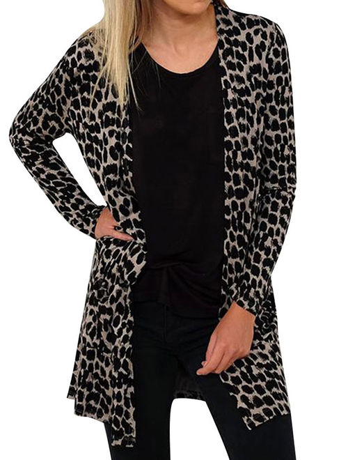 Nlife Women's Black Leopard Printed Long Sleeve Cardigan
