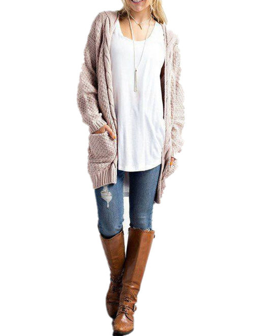 Autumn Winter Open Front Women Long Sleeve Knit Cardigan with Pocket
