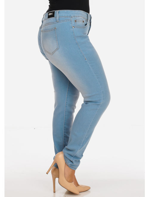 Womens Juniors Plus Size Casual Classic Stretchy One Button 5 Pockets Light Blue Wash Slim Fit Skinny Jeans 10496W