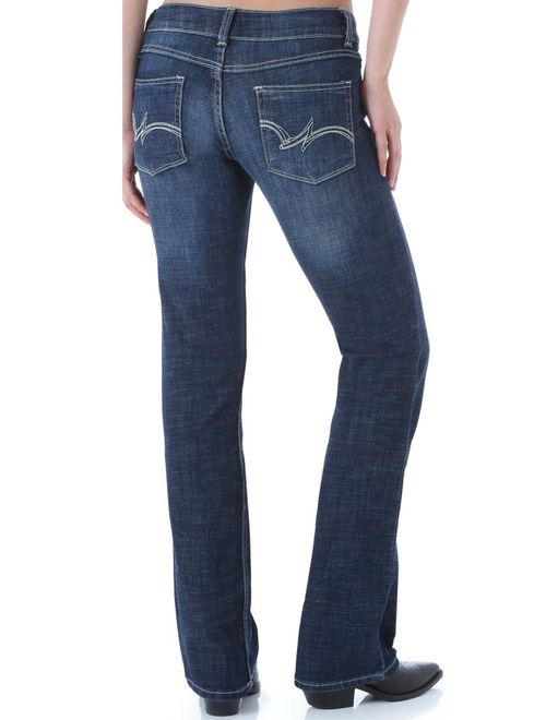 Wrangler Women's Premium Patch Mae Boot Cut Jean-Sits Above Hip, Navy, 11x34