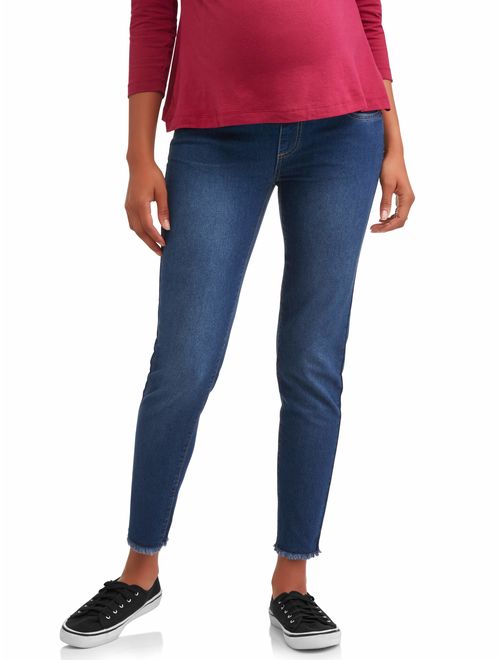 Oh! Mamma Maternity Skinny Jeans with Demi Panel and Frayed Hems - Available in Plus Sizes