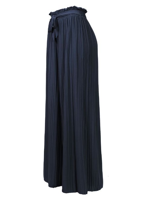 Made by Olivia Women's Ribbon Tie Chiffon Loose Pleated Wide Leg Palazzo Pants Navy Blue ONE