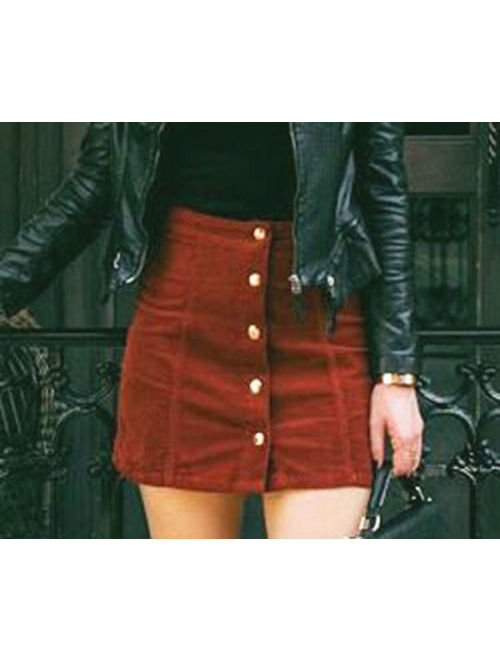 US Fashion Womens Lady High Waisted Pencil Skirt Bodycon Button Suede Mini Skirt
