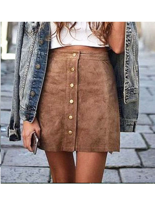 US Fashion Womens Lady High Waisted Pencil Skirt Bodycon Button Suede Mini Skirt