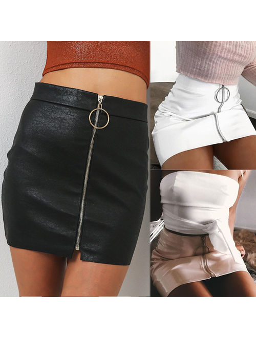 EFINNY Women's PU Leather High Waist Short Mini Skirt Straight Zipper Pencil Skirt Office Party