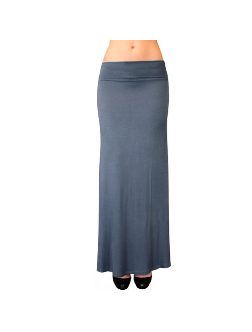 Women Maxi Skirt Waist Foldover Solid Full Long Jersey Lightweight Rayon Spandex