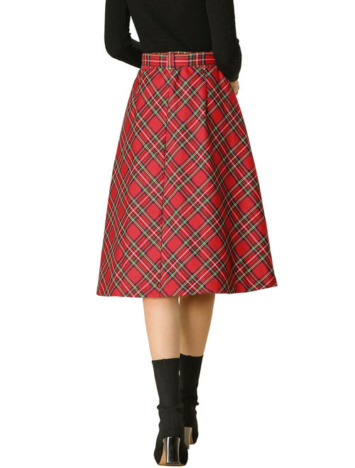 Women's Plaid High Waist Belted Vintage A-Line Midi Skirt M (US 10) Red