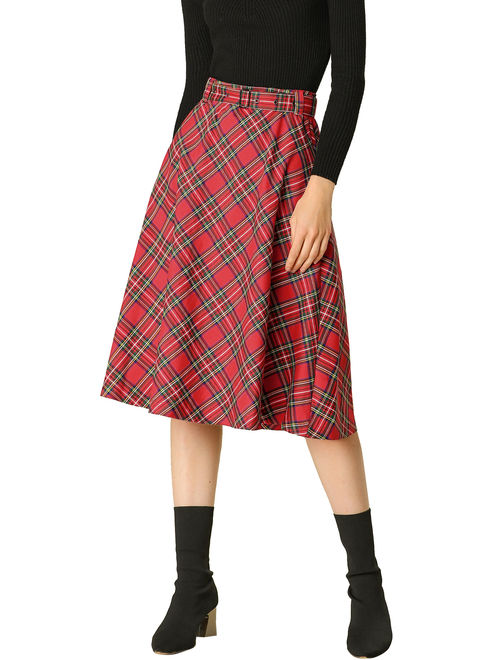 Women's Plaid High Waist Belted Vintage A-Line Midi Skirt M (US 10) Red
