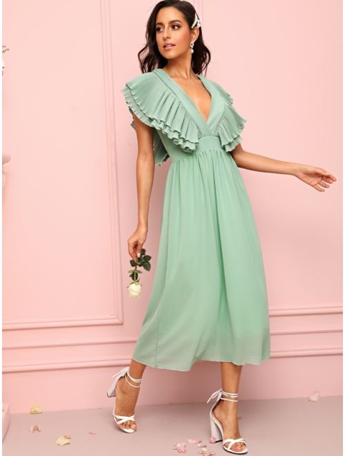 Shein Solid Ruffle Sleeve Plunging Dress