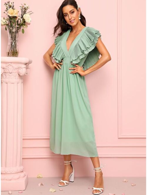 Shein Solid Ruffle Sleeve Plunging Dress