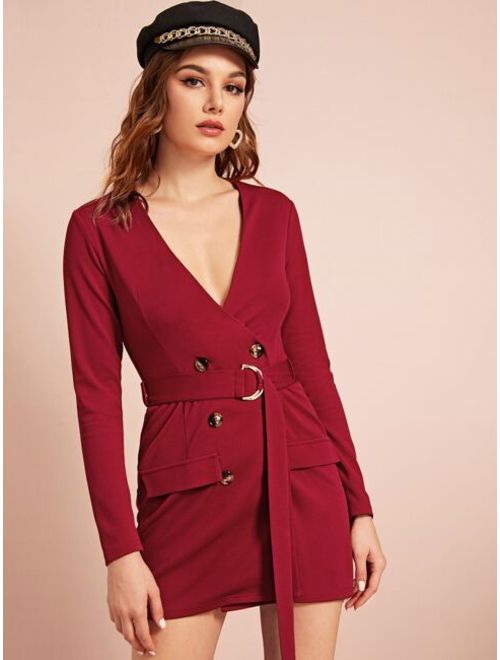Shein Double Button Wrap Belted Dress