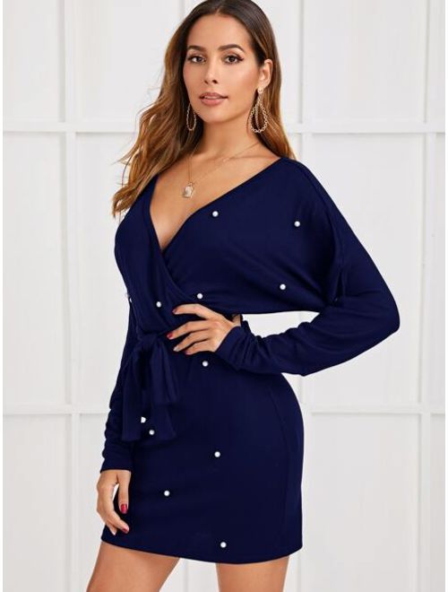 Shein Surplice Neck Pearls Beaded Belted Bodycon Dress