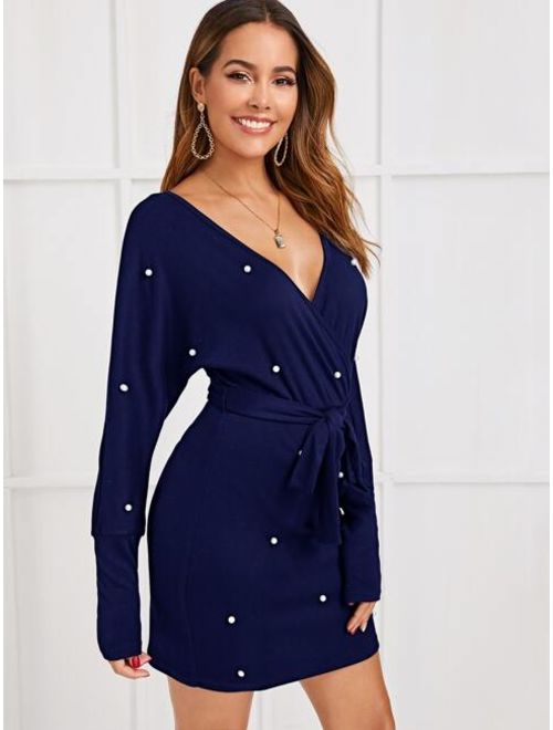 Shein Surplice Neck Pearls Beaded Belted Bodycon Dress