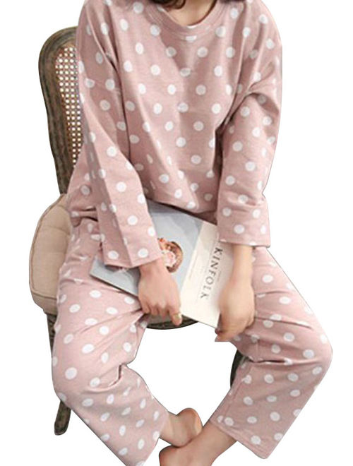 Funcee Women Lovely Polka Dot Long Sleeve Shirts + Pants Sleepwear Pajama Set