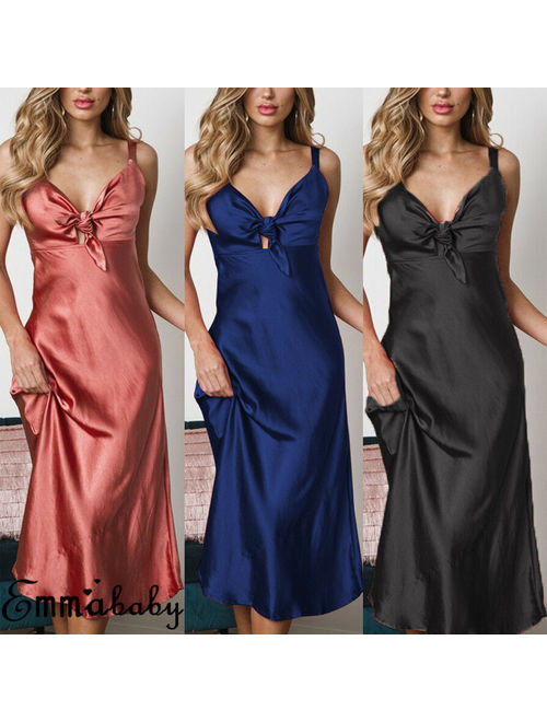 Womens Soft Satin V-neck Nightdress Silk Lace Lingerie Nightgown Sleepwear