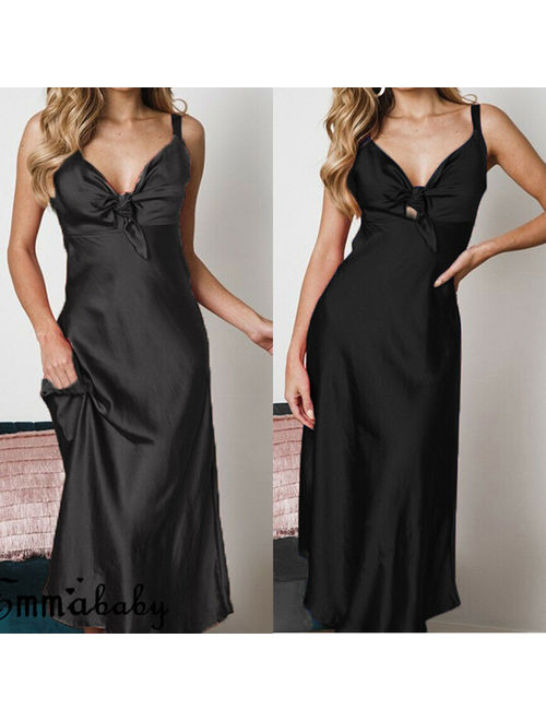 Womens Soft Satin V-neck Nightdress Silk Lace Lingerie Nightgown Sleepwear