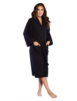 Turquaz Linen Lightweight Long Waffle Kimono Spa Robe for Women (Small/Medium, Black)