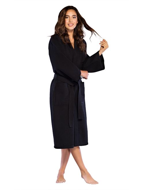 Turquaz Linen Lightweight Long Waffle Kimono Spa Robe for Women (Small/Medium, Black)