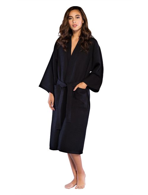 Turquaz Linen Lightweight Long Waffle Kimono Spa Robe for Women (Small/Medium, Black)