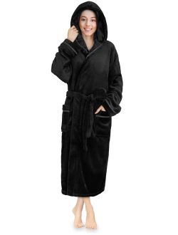 Women Fleece Robe with Hood,Satin Trim|Luxurious Soft Plush Bathrobe,Black,L/XL
