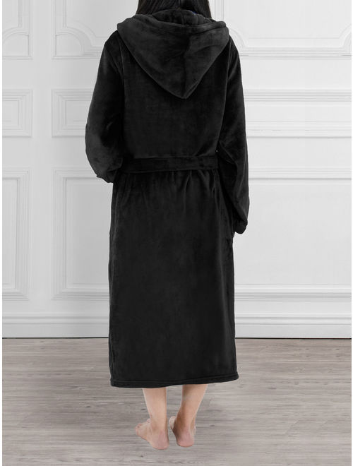 Women Fleece Robe with Hood,Satin Trim|Luxurious Soft Plush Bathrobe,Black,L/XL
