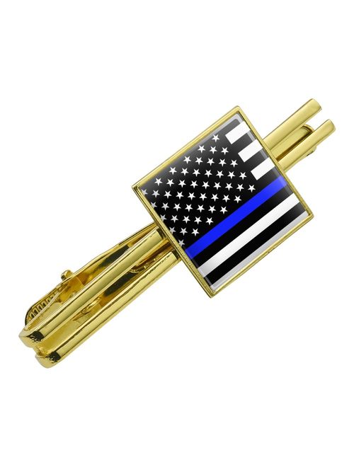 Thin Blue Line American Flag Square Tie Bar Clip Clasp Tack Gold Color