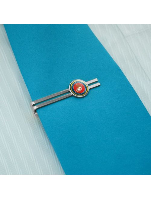 Marines USMC Logo Blue Red Gold Officially Licensed Round Tie Bar Clip Clasp Tack Silver Color Plated