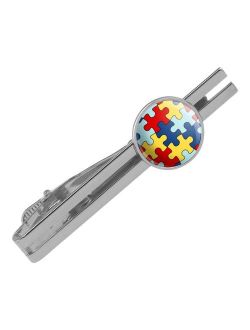 Autism Awareness Diversity Puzzle Pieces Round Tie Bar Clip Clasp Tack Silver Color Plated