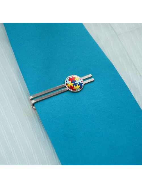 Autism Awareness Diversity Puzzle Pieces Round Tie Bar Clip Clasp Tack Silver Color Plated
