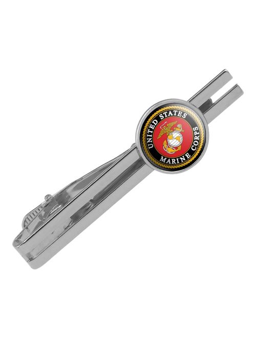 Marines USMC Emblem Black Yellow Red Officially Licensed Round Tie Bar Clip Clasp Tack Silver Color Plated