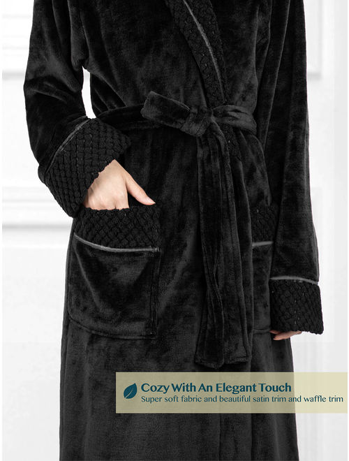 Deluxe Women Fleece Robe with Satin Trim | Luxurious Plush Spa Bathrobe Waffle Design