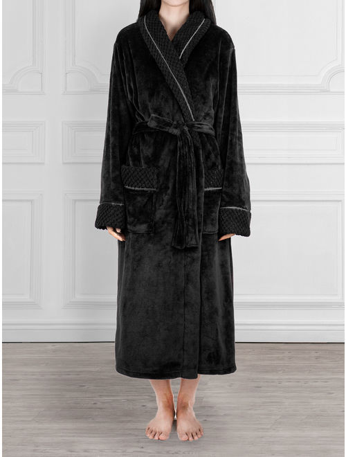 Deluxe Women Fleece Robe with Satin Trim | Luxurious Plush Spa Bathrobe Waffle Design