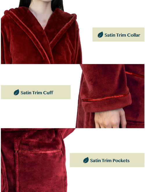 Women Hooded Fleece Robe with Satin Trim | Plush Bathrobe with Hood Knee Length